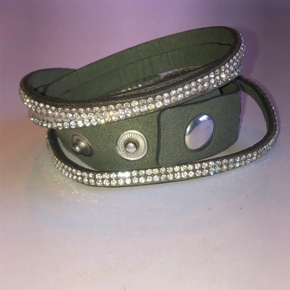 Green Crystal Rhinestone Boho Wrap Bracelet - Silver Sparkle